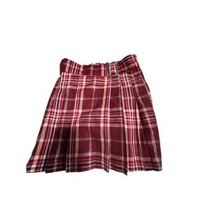 Girls Burgundy Plaid Pleated Elastic Waist with Faux Buckle - 10